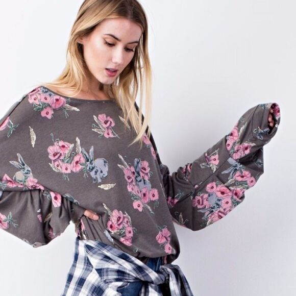 Easel Comfy Floral Tee w/ Bubble Sleeves - Picture 2 of 4